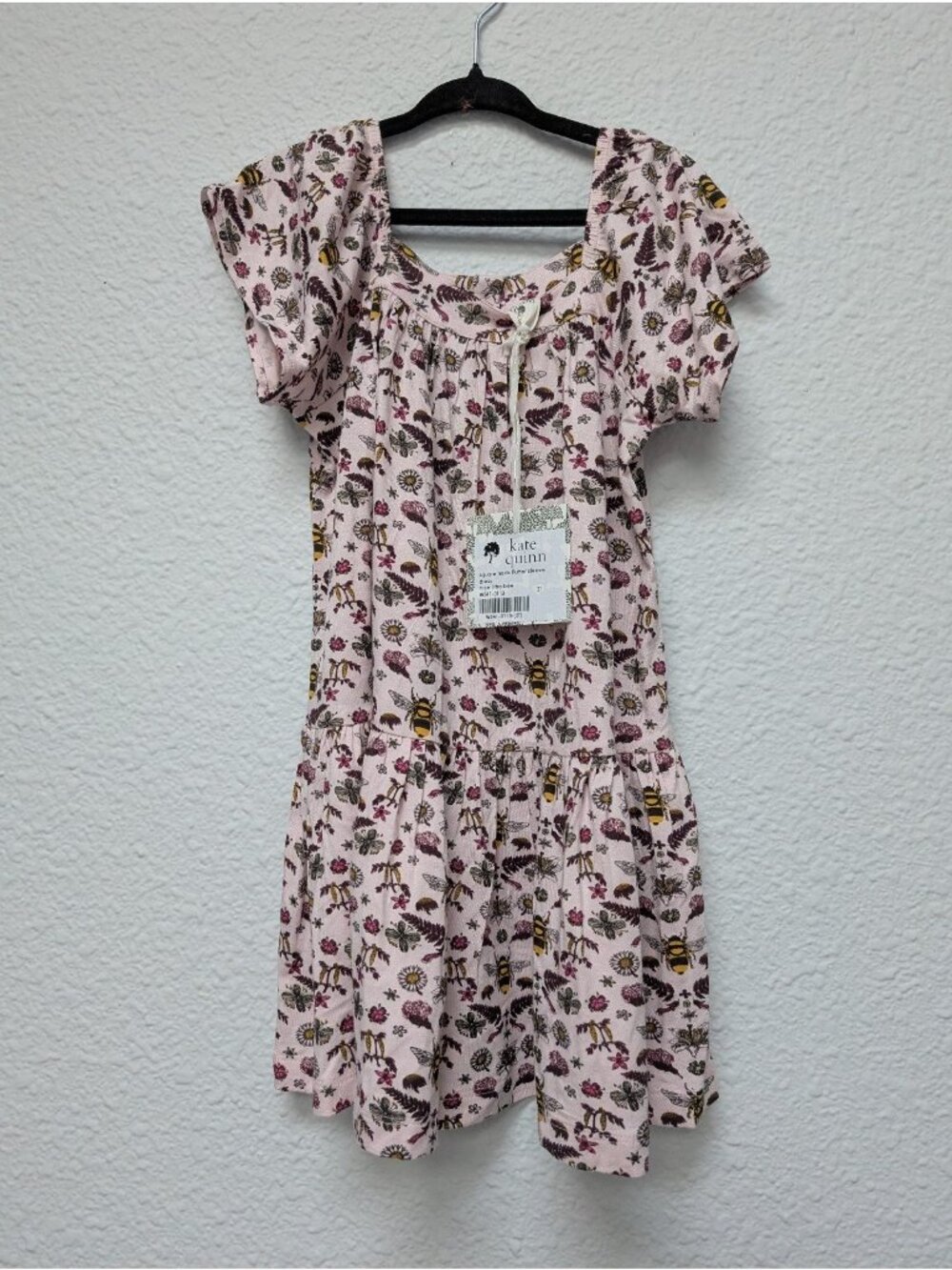 Kate Quinn Bamboo Rose Litho Bee 2T Square Neck Flutter Sleeve Dress Floral